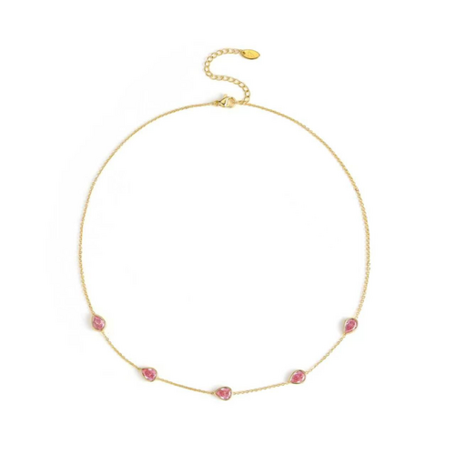 Dainty gold chain necklace with small teardrop gem stations, view 3