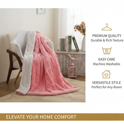 Pink faux fur throw blanket with rose bud texture and white sherpa back, view 6