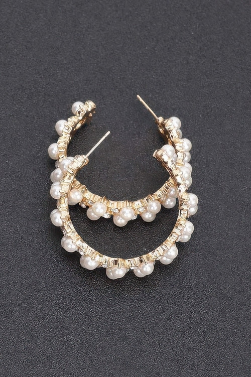 Gold hoop earrings with pearl accents, view 3