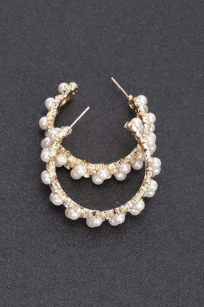 Gold hoop earrings with pearl accents, view 3