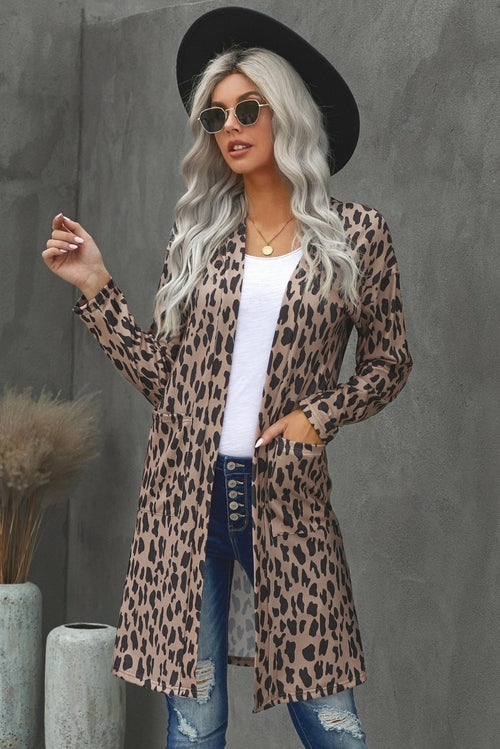 Print Open Front Pocketed Cardigan