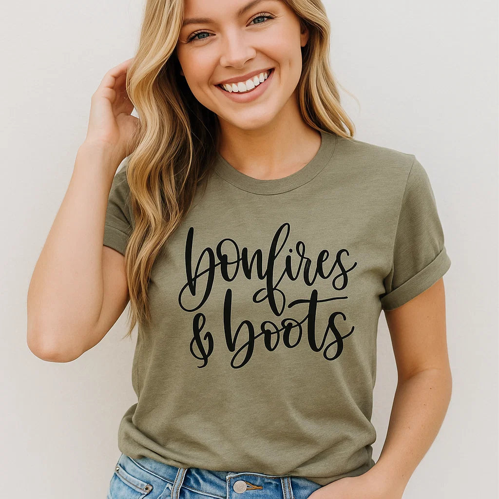 Bonfires &amp; Boots Graphic Tee for Cozy Fall Vibes