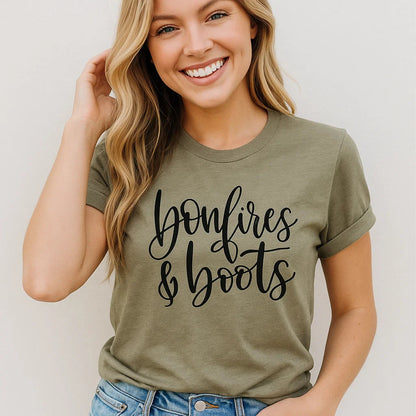 Bonfires &amp; Boots Graphic Tee for Cozy Fall Vibes