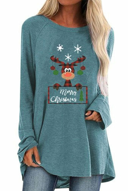 Crew Neck Elk Print Christmas Tunic Top