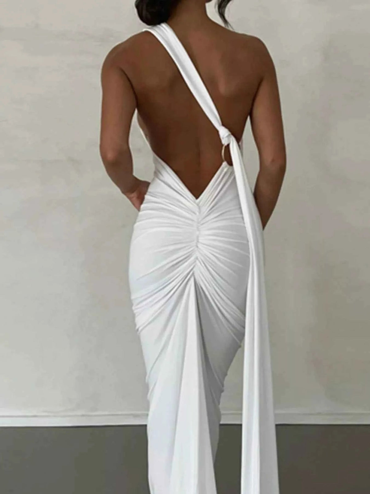 Backless halter ruched bodycon maxi dress, view 9