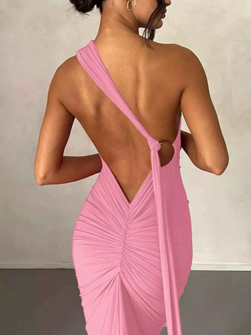 Backless halter ruched bodycon maxi dress in Pink
