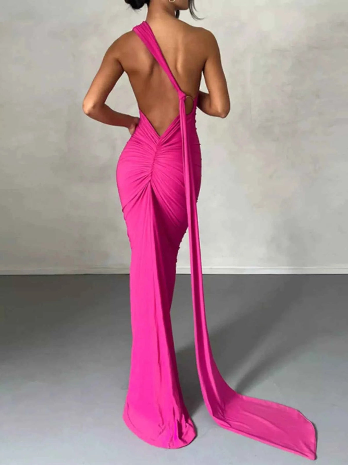 Backless halter ruched bodycon maxi dress, view 4