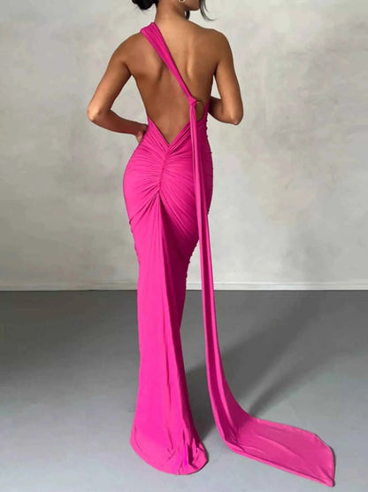 Backless halter ruched bodycon maxi dress, view 4