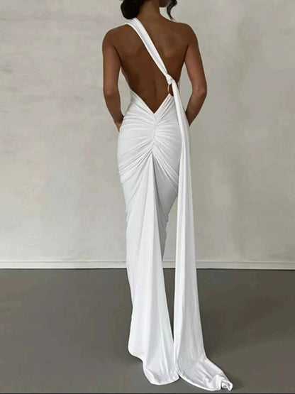 Backless halter ruched bodycon maxi dress, view 8