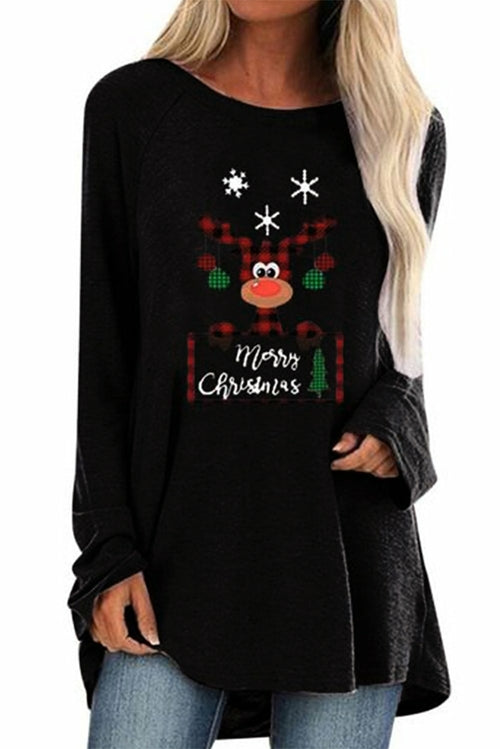 Crew Neck Elk Print Christmas Tunic Top