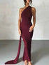 Backless halter ruched bodycon maxi dress in Burgundy