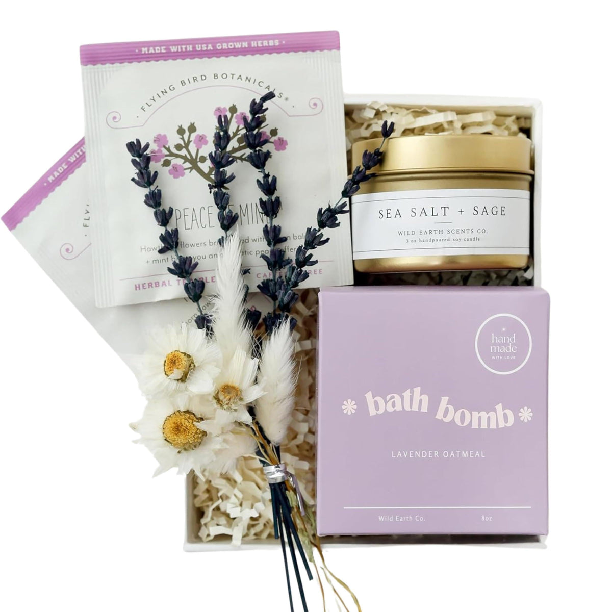 Lavender spa gift box with soy candle, bath bomb, herbal tea and dried flowers