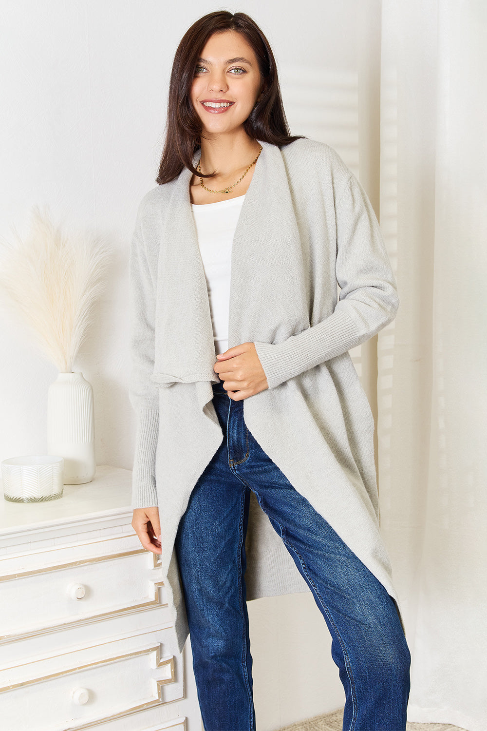 Women's light gray long duster cardigan with pockets