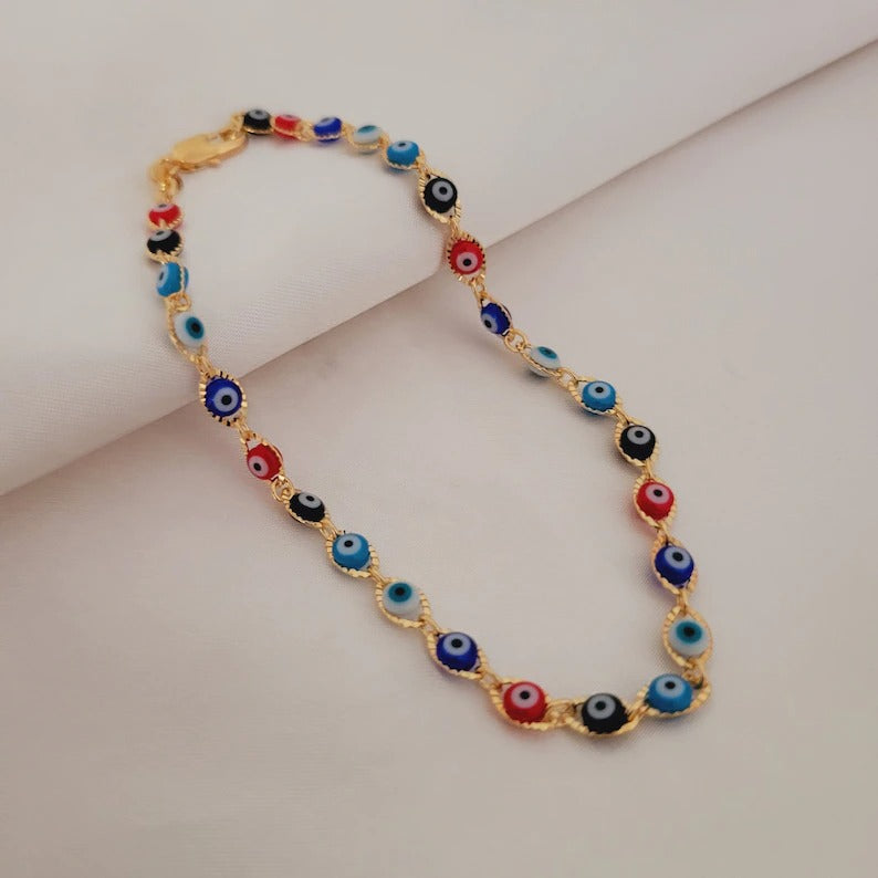 Colorful evil eye gold-plated anklet detail