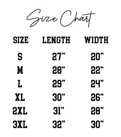 Size chart for Faith Sweatshirt showing dimensions for sizes S to 3XL, including length and width measurements.
