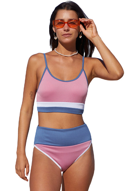 Pink Spaghetti Straps Colorblock Ribbed High waisted swimsuits