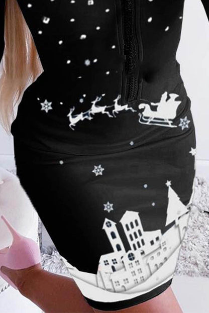 V Neck Studded Christmas Print Zipper Bodycon Mini Dress