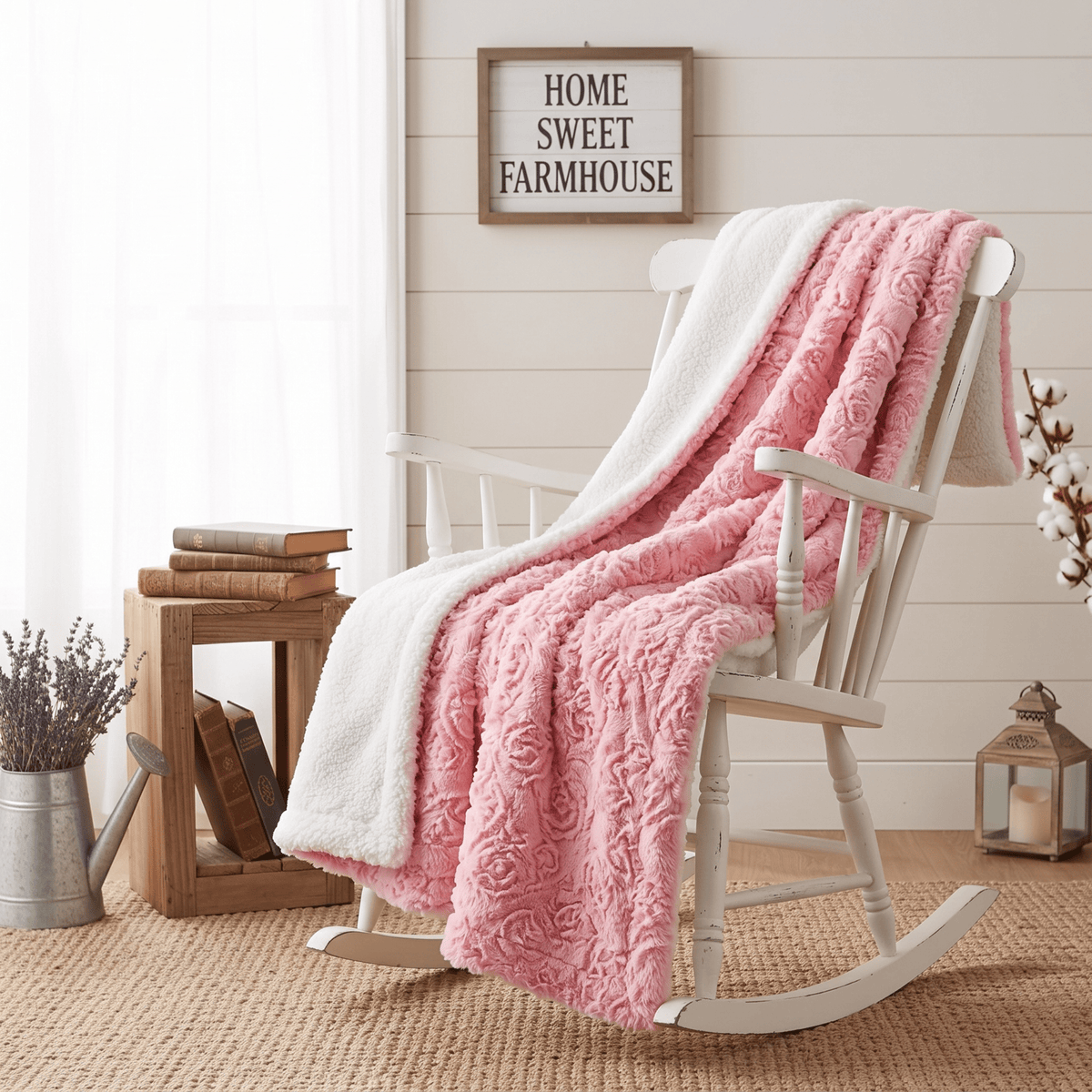 Pink faux fur throw blanket with rose bud texture and white sherpa back