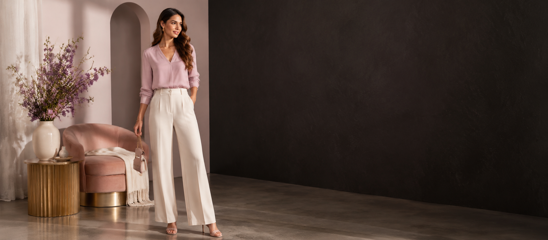 Confident woman in an elegant pink blouse and ivory trousers for Haute Looks Clothing