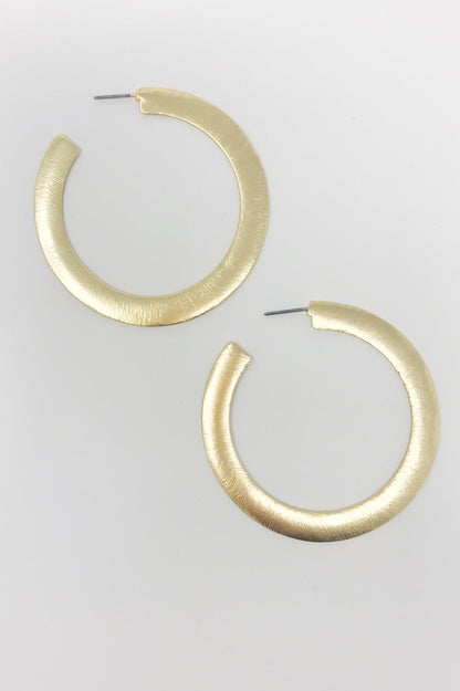 Thick flattened brushed gold hoop earrings, view 2
