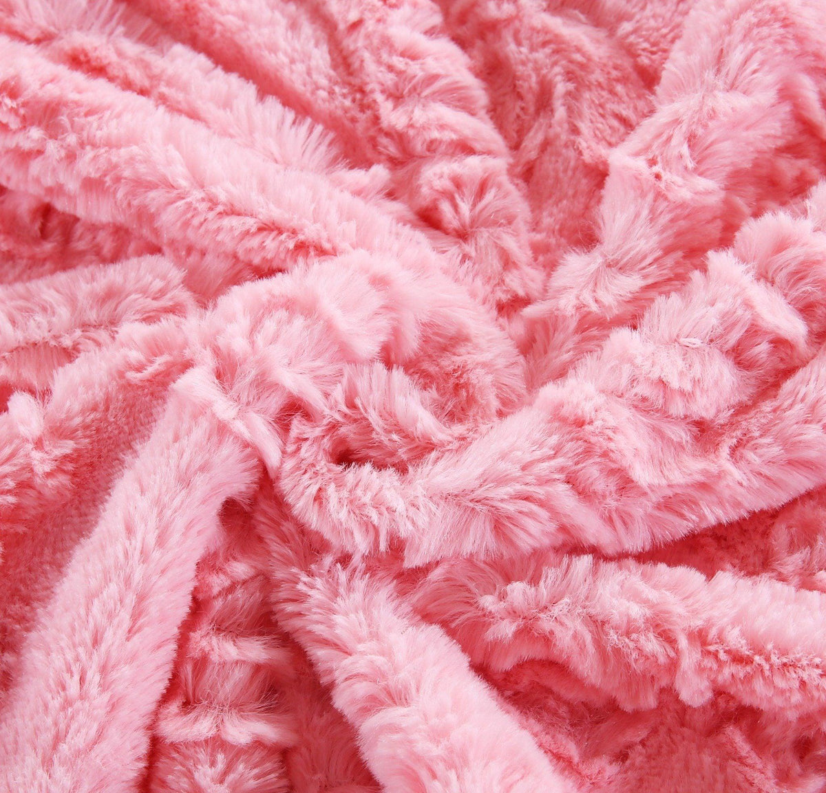 Pink faux fur throw blanket with rose bud texture and white sherpa back, view 9