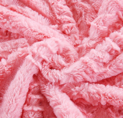 Pink faux fur throw blanket with rose bud texture and white sherpa back, view 9